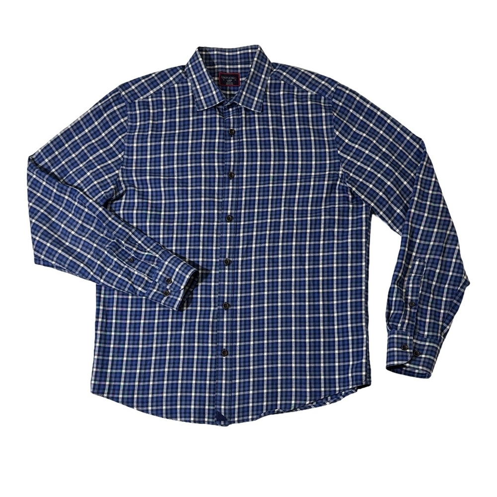 UNTUCKit mens L Large blue slim fit check plaid button up casual shirt EUC